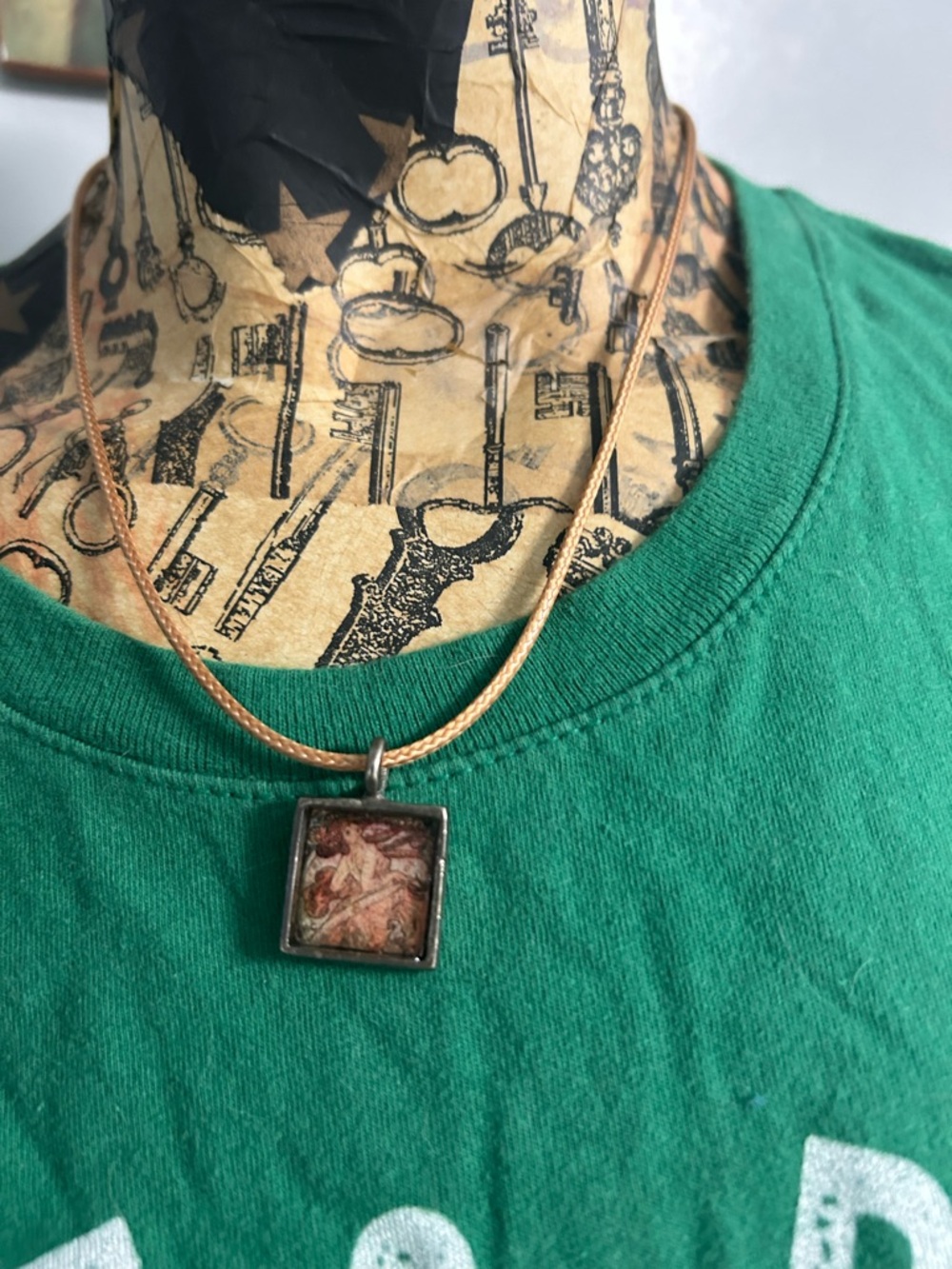 Hand Crafted Green and Copper Square Pendant Necklace